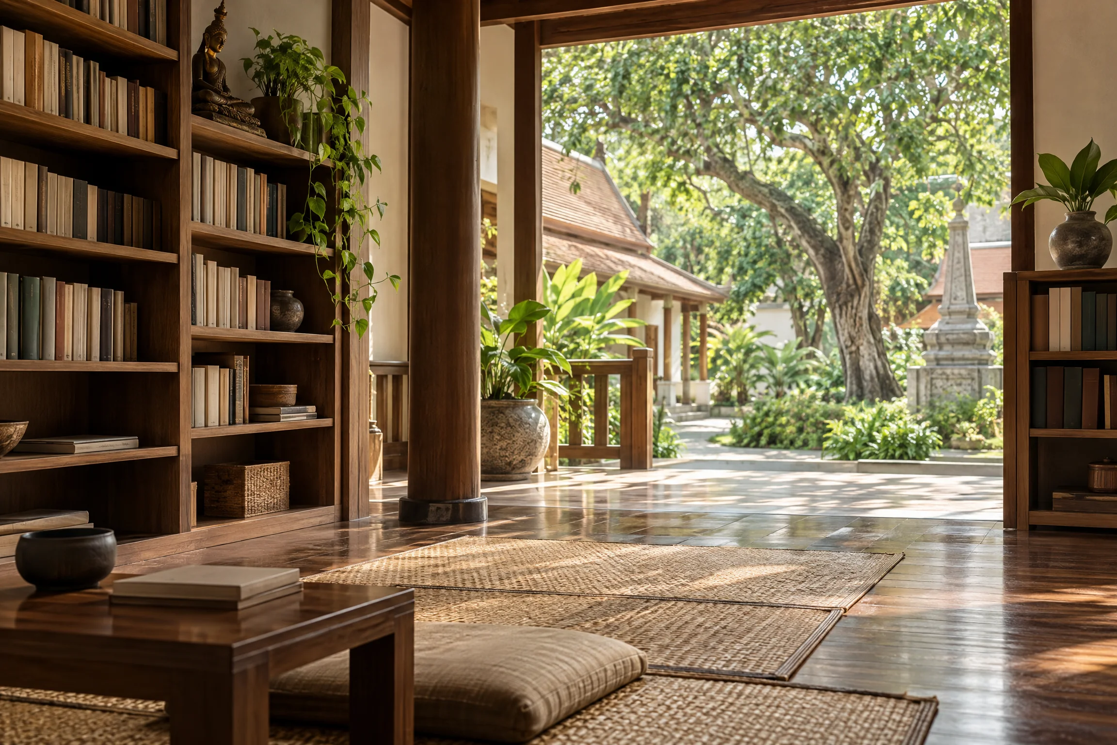 A quiet library corner facing a green courtyard