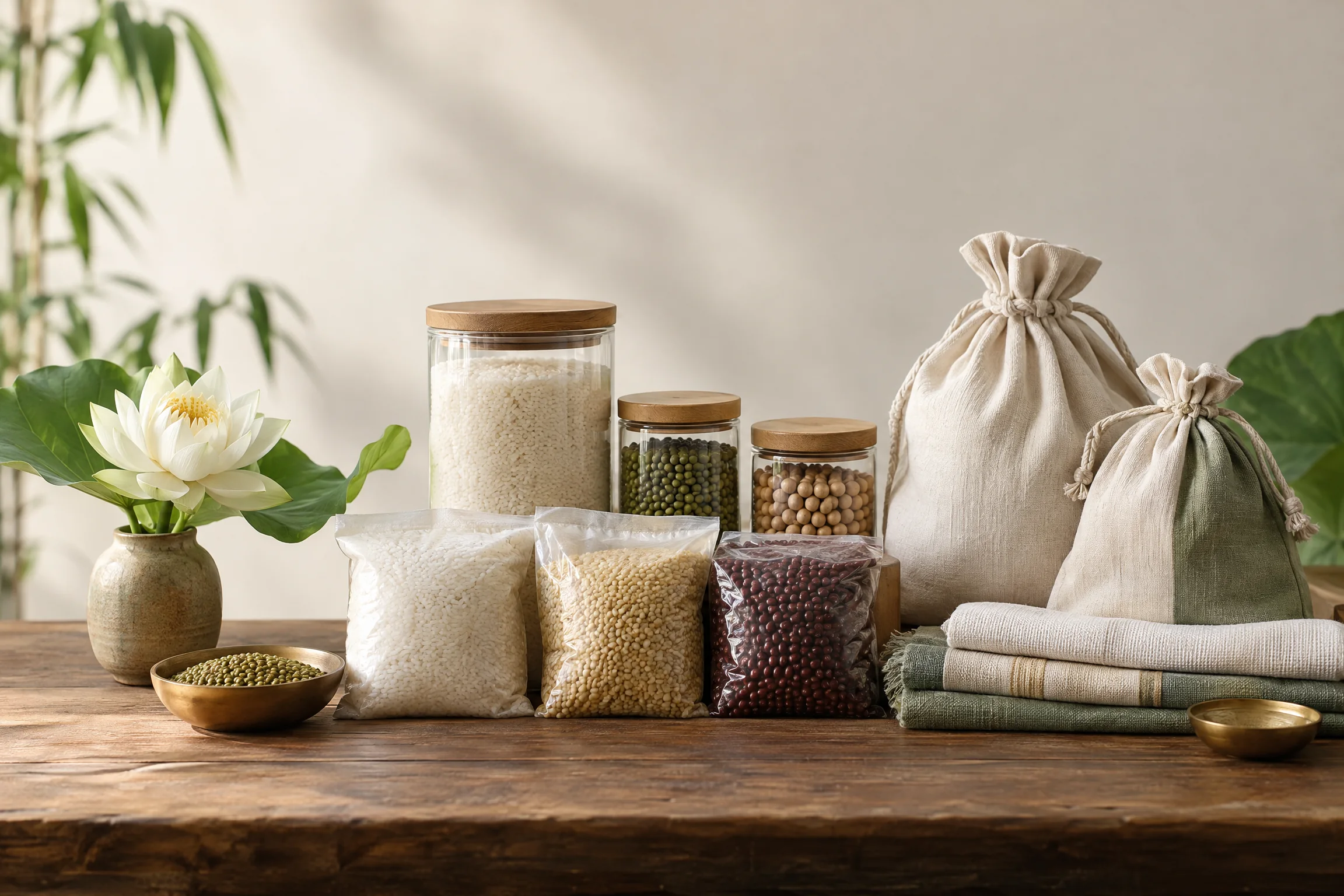 Neatly arranged essential provisions on a wooden table
