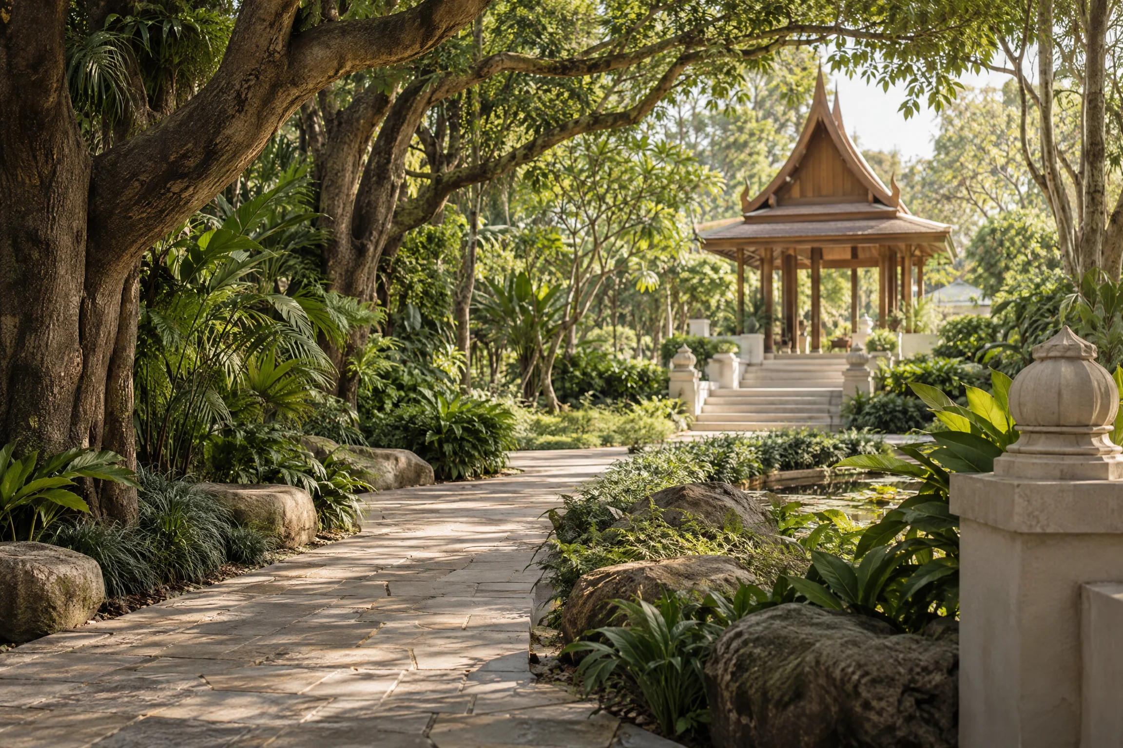 A tree-lined path leading to a Thai pavilion