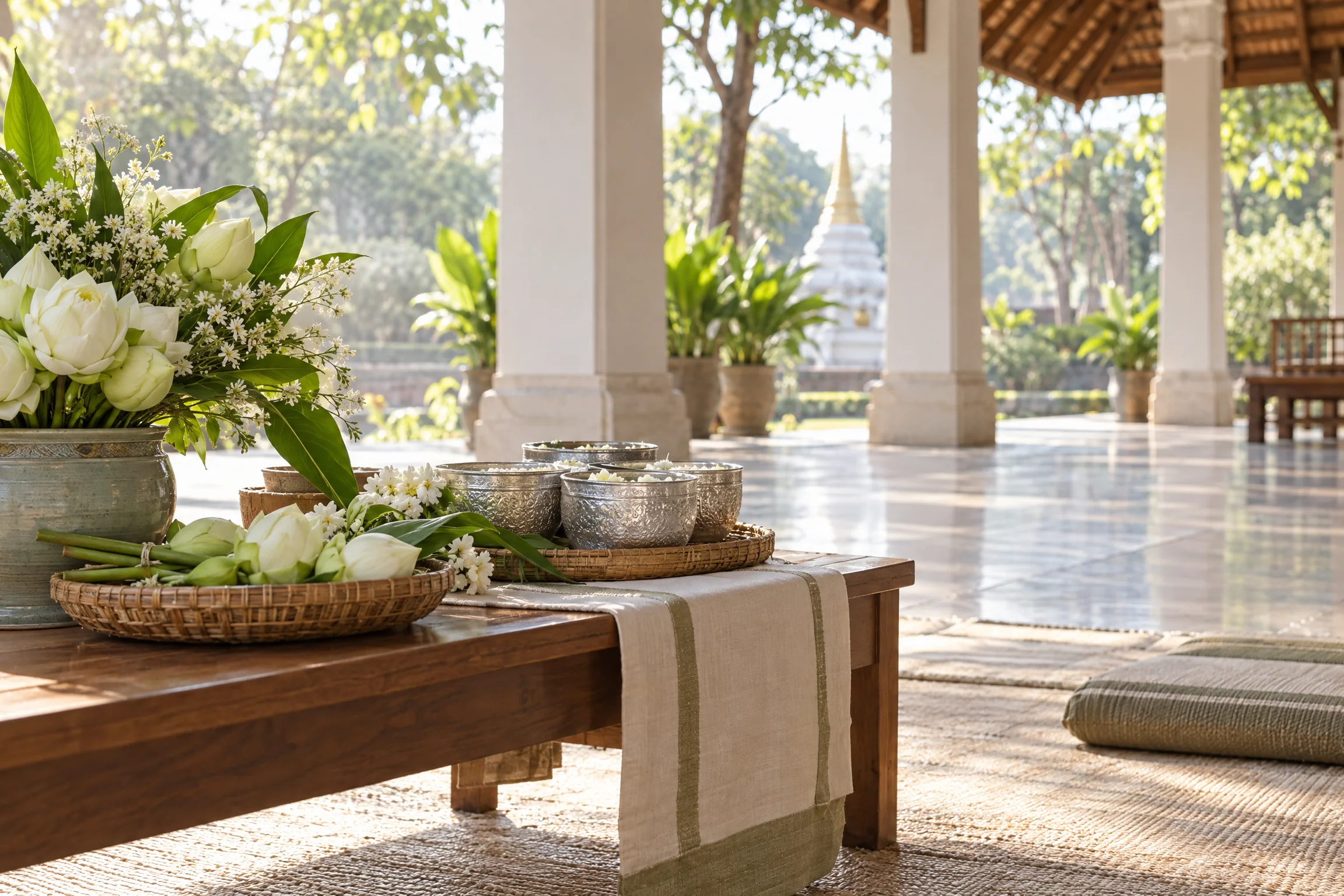 A quiet temple event space prepared with flowers