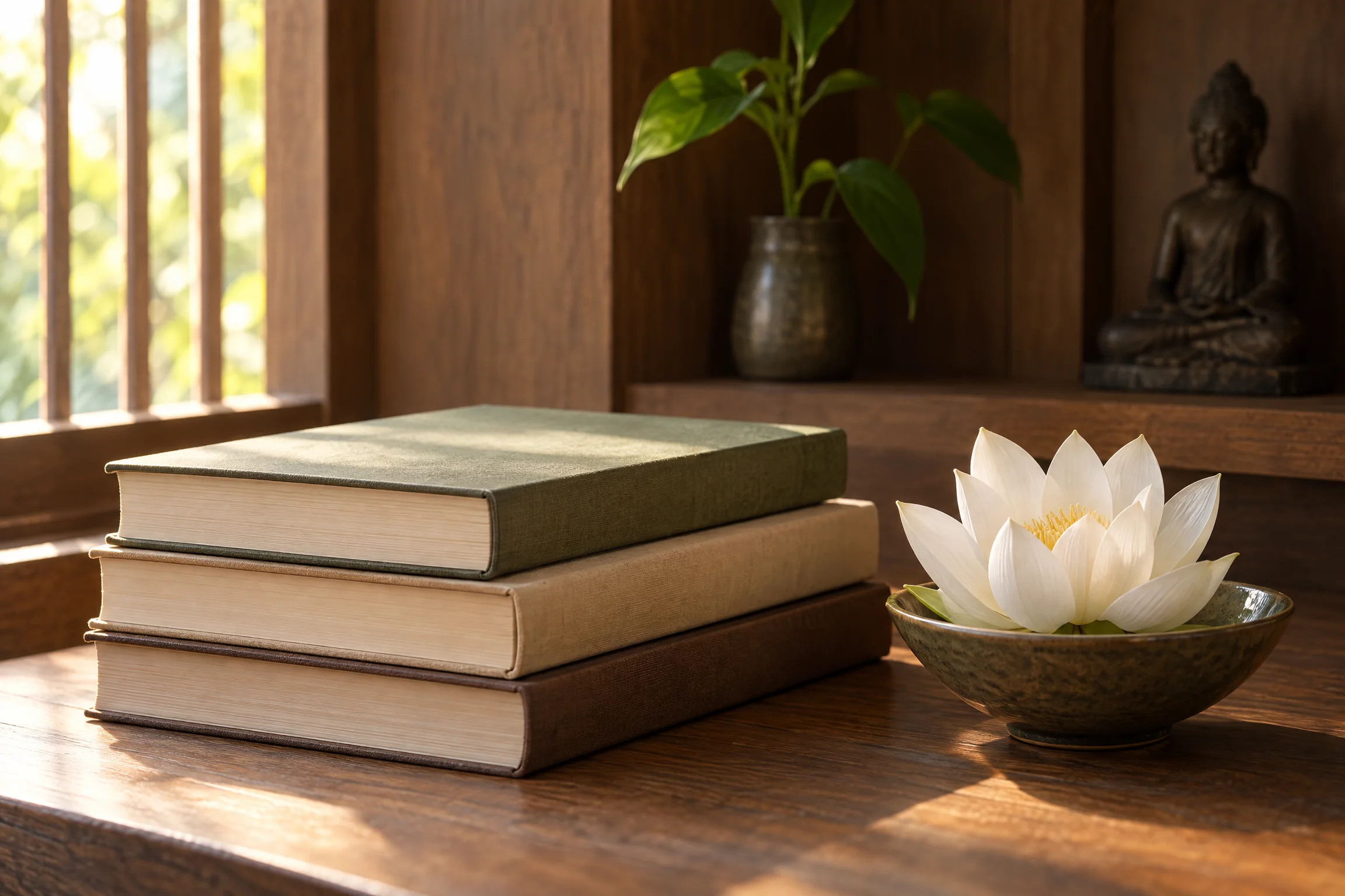 Dhamma books and a lotus on a wooden table